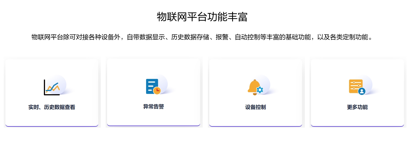 物聯(lián)網(wǎng)平臺功能豐富，除可對接各種設(shè)備外，自帶數(shù)據(jù)顯示、歷史數(shù)據(jù)存儲、報警、自動控制等豐富的基礎(chǔ)功能，以及各類定制功能。